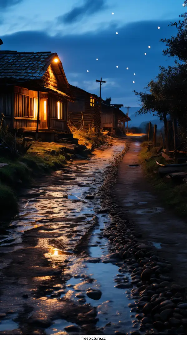 A cobblestone street in a small village with traditional wooden houses at night