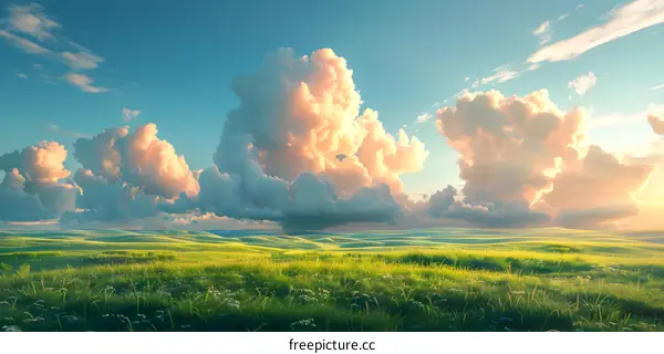 A vast green field with fluffy white clouds in the sky.