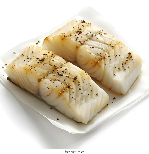 Two pieces of white fish fillet with black peppercorns on a white background