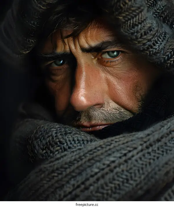 Closeup Portrait of a Man in a Knitted Scarf