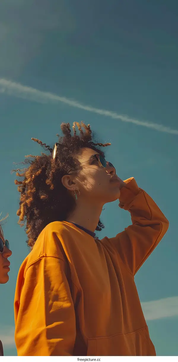 Young Woman Wearing Sunglasses Looking Up at the Sky