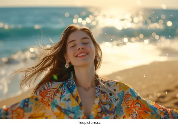 carefree young woman with closed eyes enjoying the sunshine on the beach