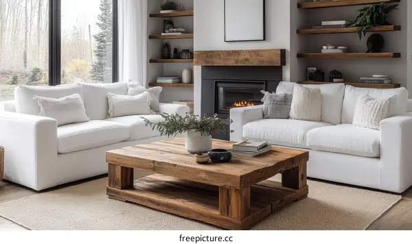 Modern Rustic Living Room with White Sofa and Wooden Coffee Table