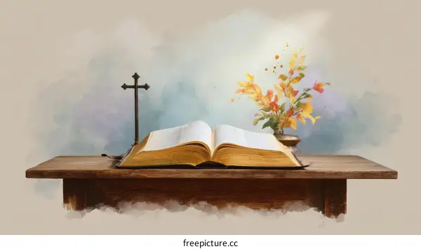 Open Bible on Wooden Table with Cross and Autumnal Flowers