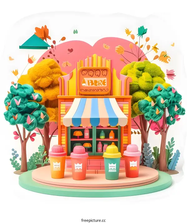 Colorful Papercraft Illustration of a Small Shop with Trees and a Sign