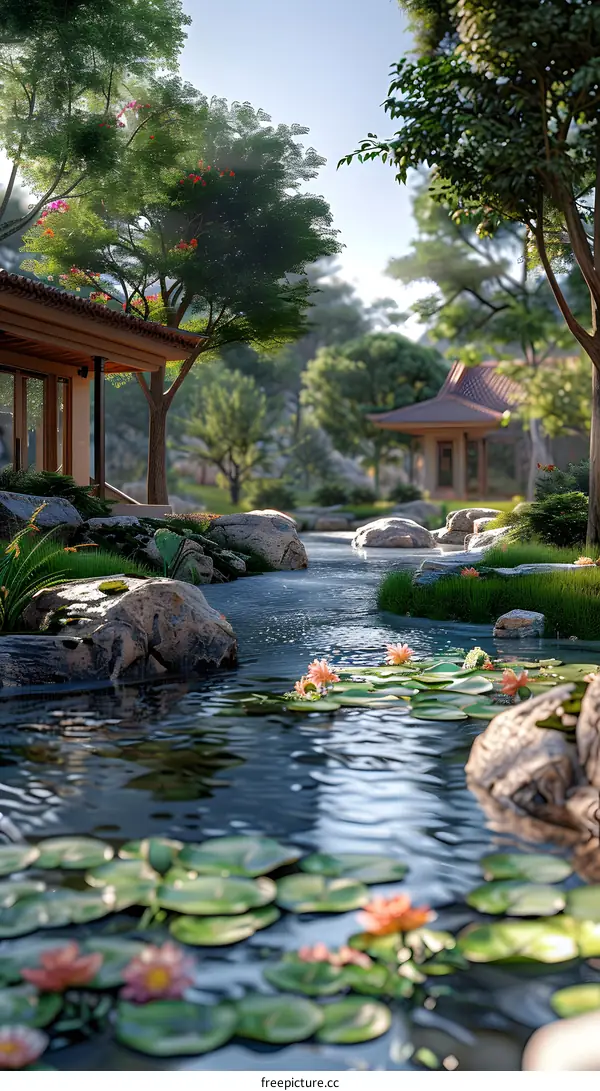 A beautiful Chinese garden with a pond, flowers, and trees