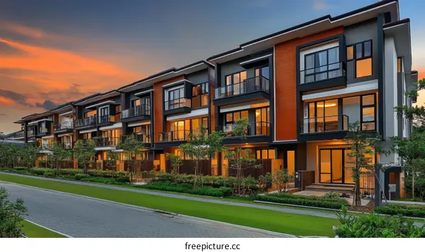 Modern Townhouses Under Scenic Sunset