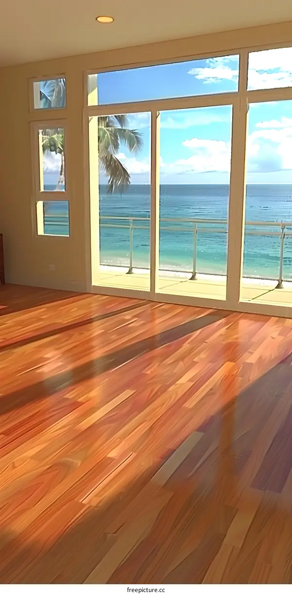 Wooden Floor with Ocean View Through Large Windows