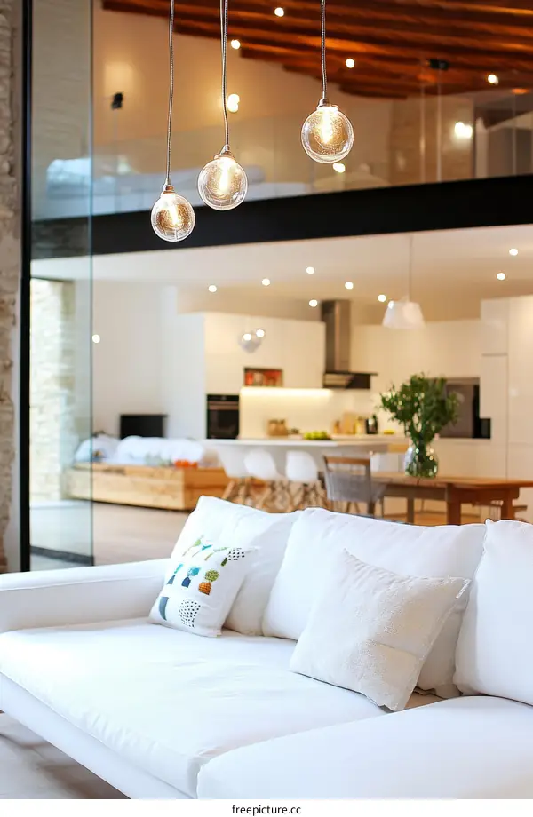 Modern White Living Room with Pendant Lighting