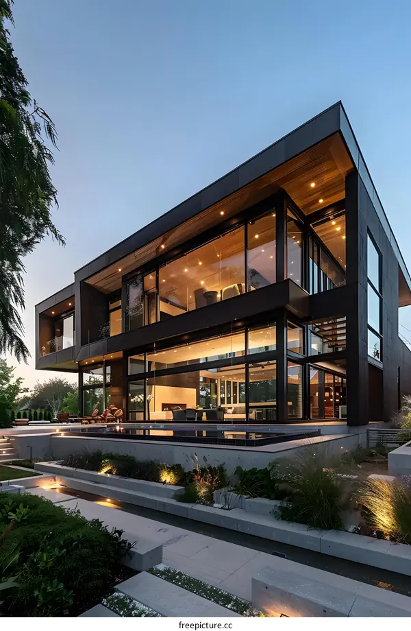 Modern Black and Wood Home with Patio and Pool