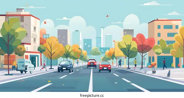 Flat City Street Illustration with People and Cars
