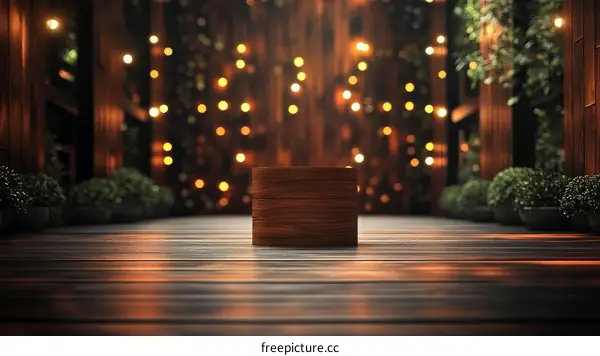 Rustic Wooden Display Platform in a Night Garden Setting