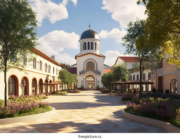 3D Rendering of a Church and Town Square