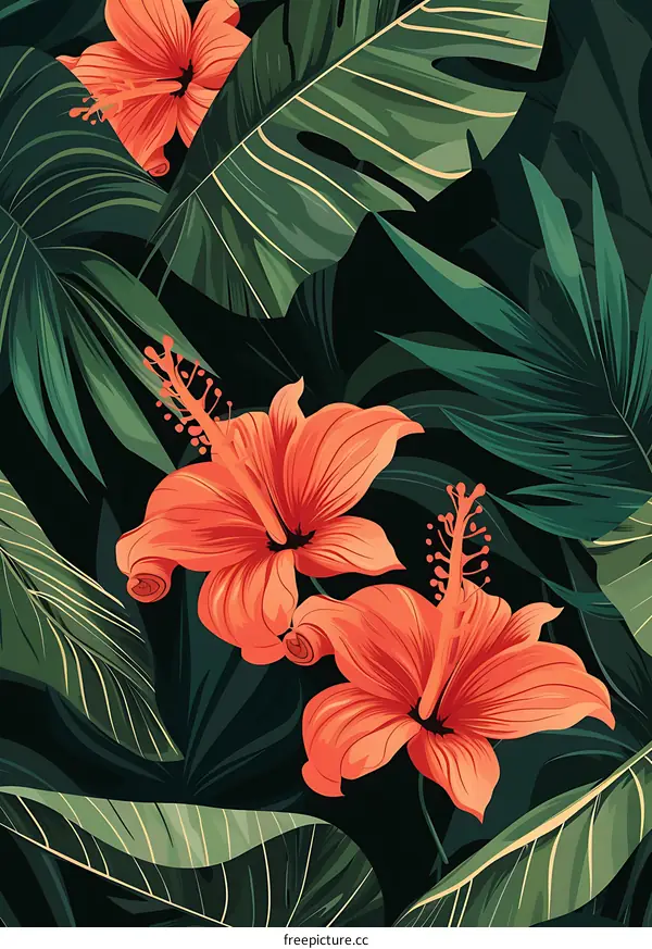 Tropical Floral Pattern with Orange Hibiscus and Green Leaves