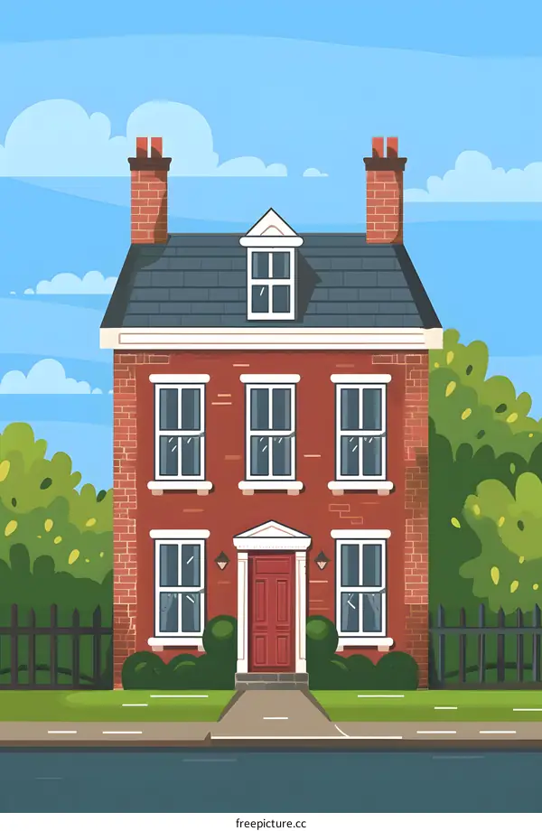 Red Brick House With Green Bushes And Blue Sky