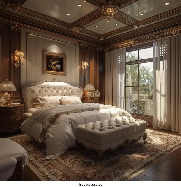 Luxury Bedroom Interior Design with Ornate Wooden Ceiling and Large Window