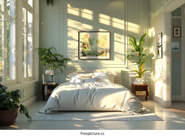 A bedroom with a large bed, a few plants, and a picture on the wall.