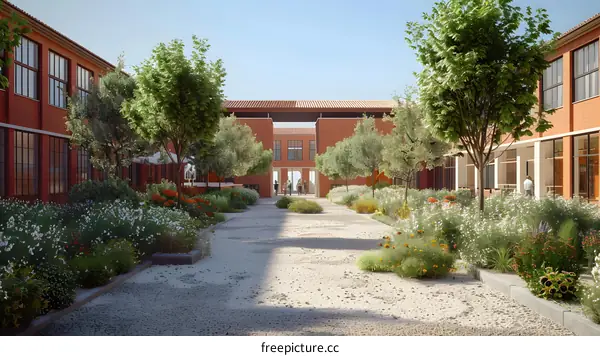 Modern Architecture Courtyard with Green Trees