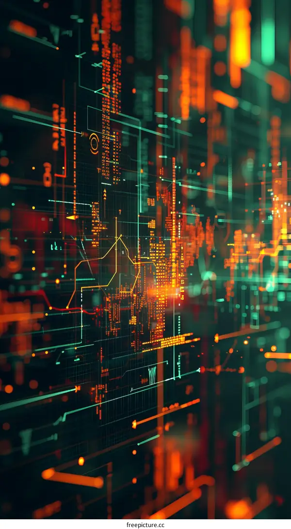 A glowing orange and green circuit board with a dark background