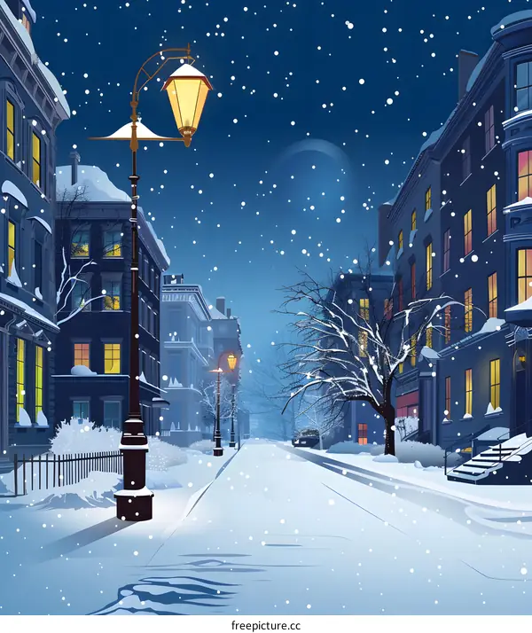 Snowy Night Street in City Illustration