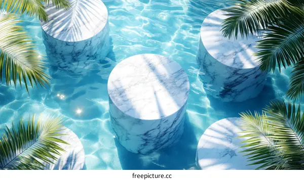 Marble Pedestals in a Tropical Pool Scene