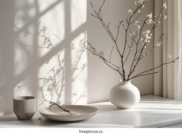 Still life with a vase of white flowers