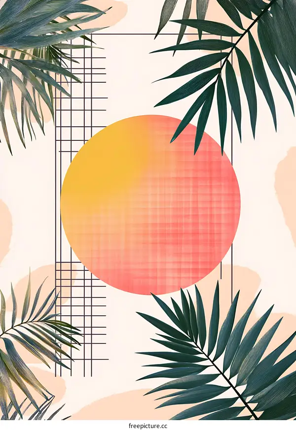 Tropical Palm Leaves with Geometric Shapes and a Sun