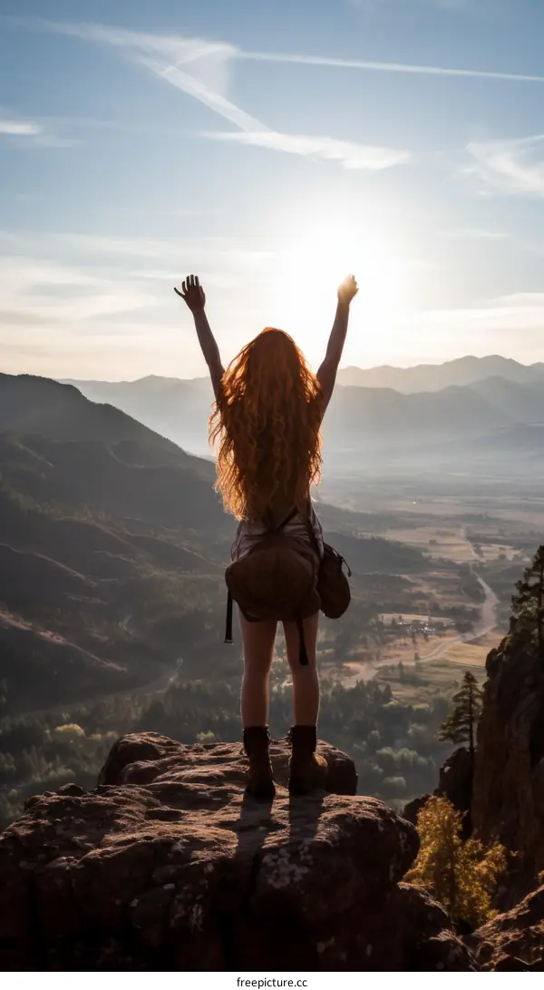girl standing on a mountaintop with her arms in the air