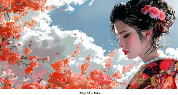 An Asian woman in a red kimono standing in a field of red flowers with a blue sky and white clouds in the background