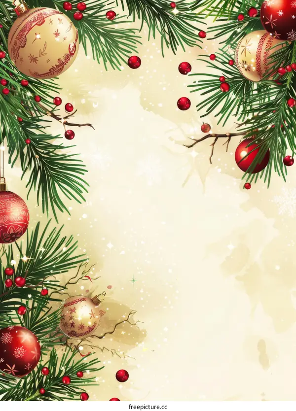 Christmas background with fir branches and red and gold balls