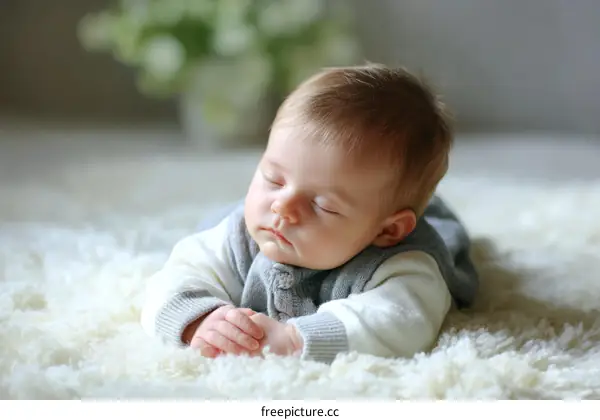 Adorable Baby Sleeping on a Fluffy Rug
