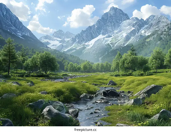 Majestic Mountain Landscape with River and Green Fields