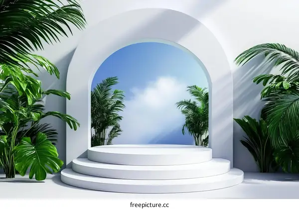 White Podium Display with Tropical Plants and Archway