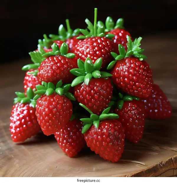 A cluster of glistening red strawberries displayed on a wooden surface