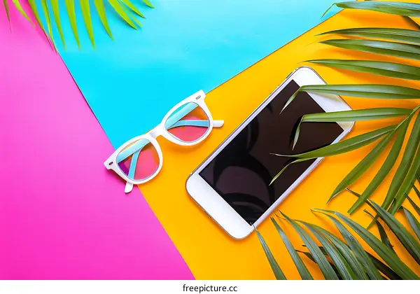 Summer Background with Palm Leaves, Sunglasses and Smartphone