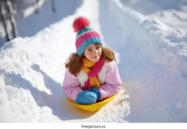 Little girl sledding down snow covered hill during winter day