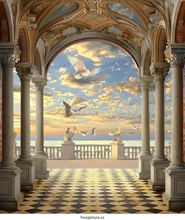 Seagull flying over the sea from a stone archway