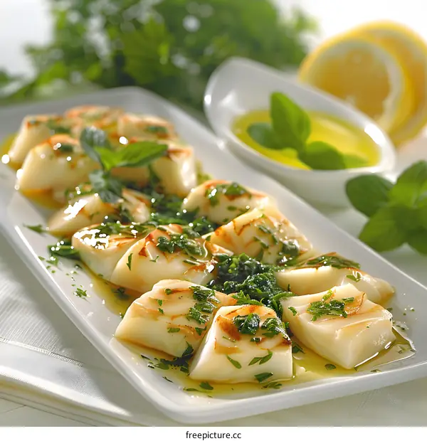 Grilled squid with lemon and herbs