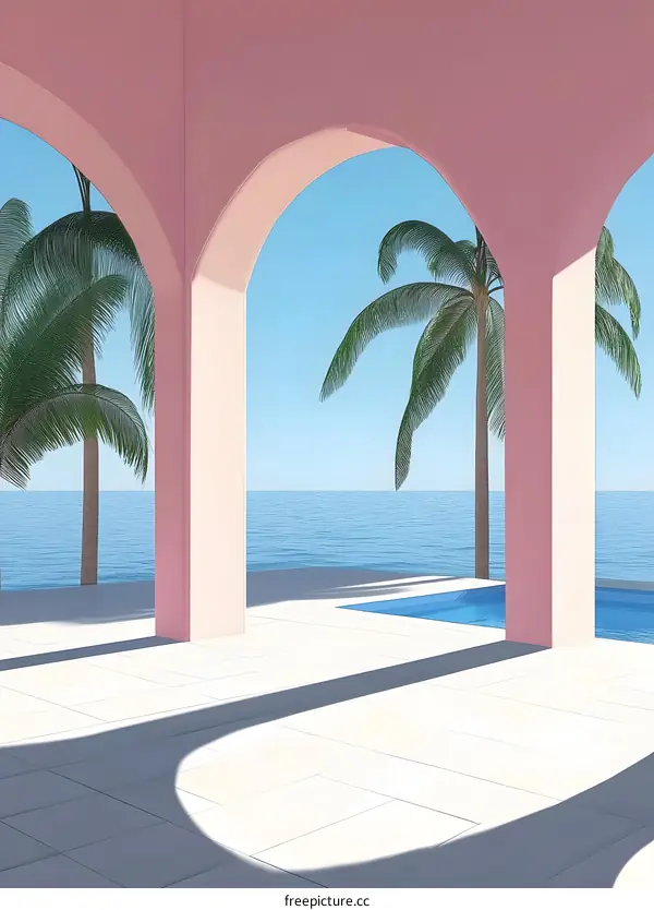Pink Archway Minimalist Poolside Palm Trees Illustration