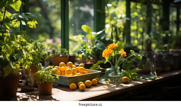 Still life with lemons and flowers