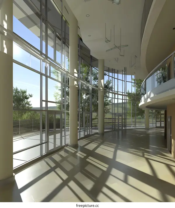 Modern Building Interior With Large Windows And Sunbeams