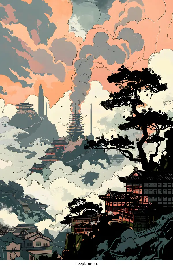 Traditional Japanese Pagoda Illustration with Mountains and Clouds
