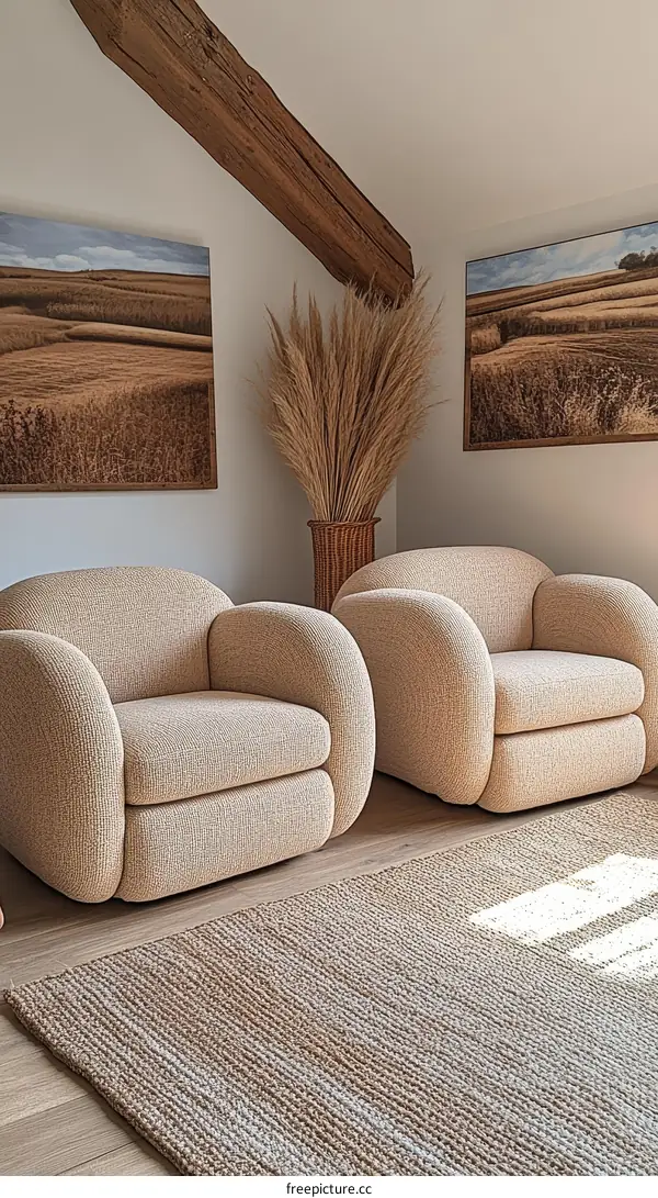 Cozy Living Room with Beige Furniture and Wheat Field Art