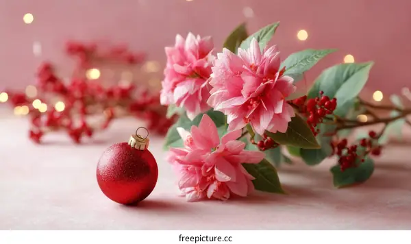 Pink Flowers and Red Christmas Ornament on Pink Background