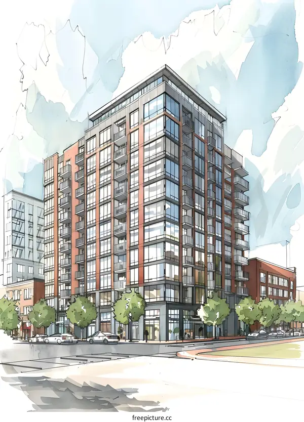 Modern Architectural Design Watercolor Illustration Of A High Rise Building