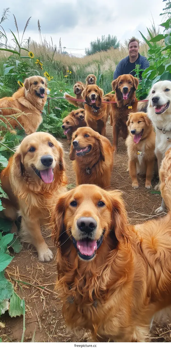 A group of golden retrievers with one person in a field
