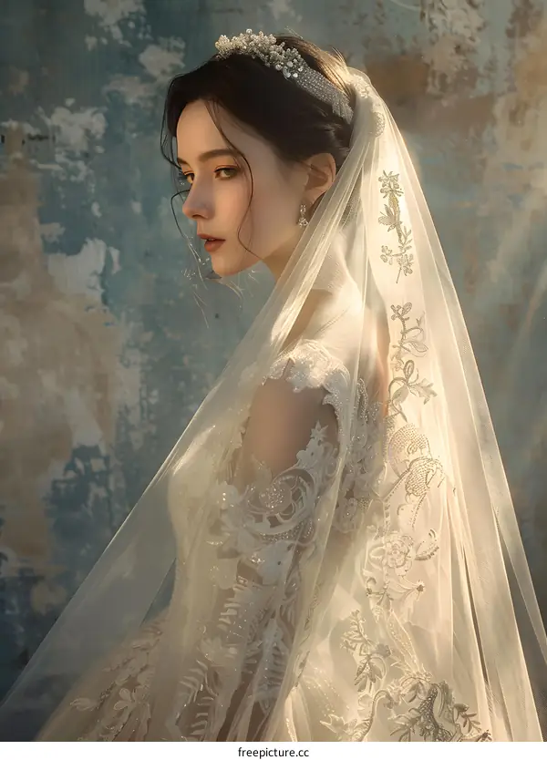 A bride with a crown on her head and a lace wedding dress