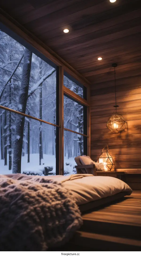 A cozy cabin in the woods with a view of the snowy forest