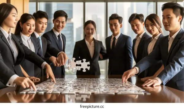A group of people of Asian ethnicity, both men and women, are working together to put together a puzzle.