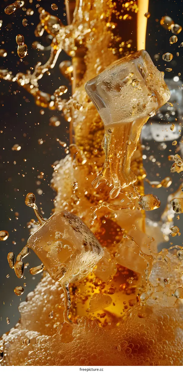 Ice Cubes Splashing in Amber Liquid